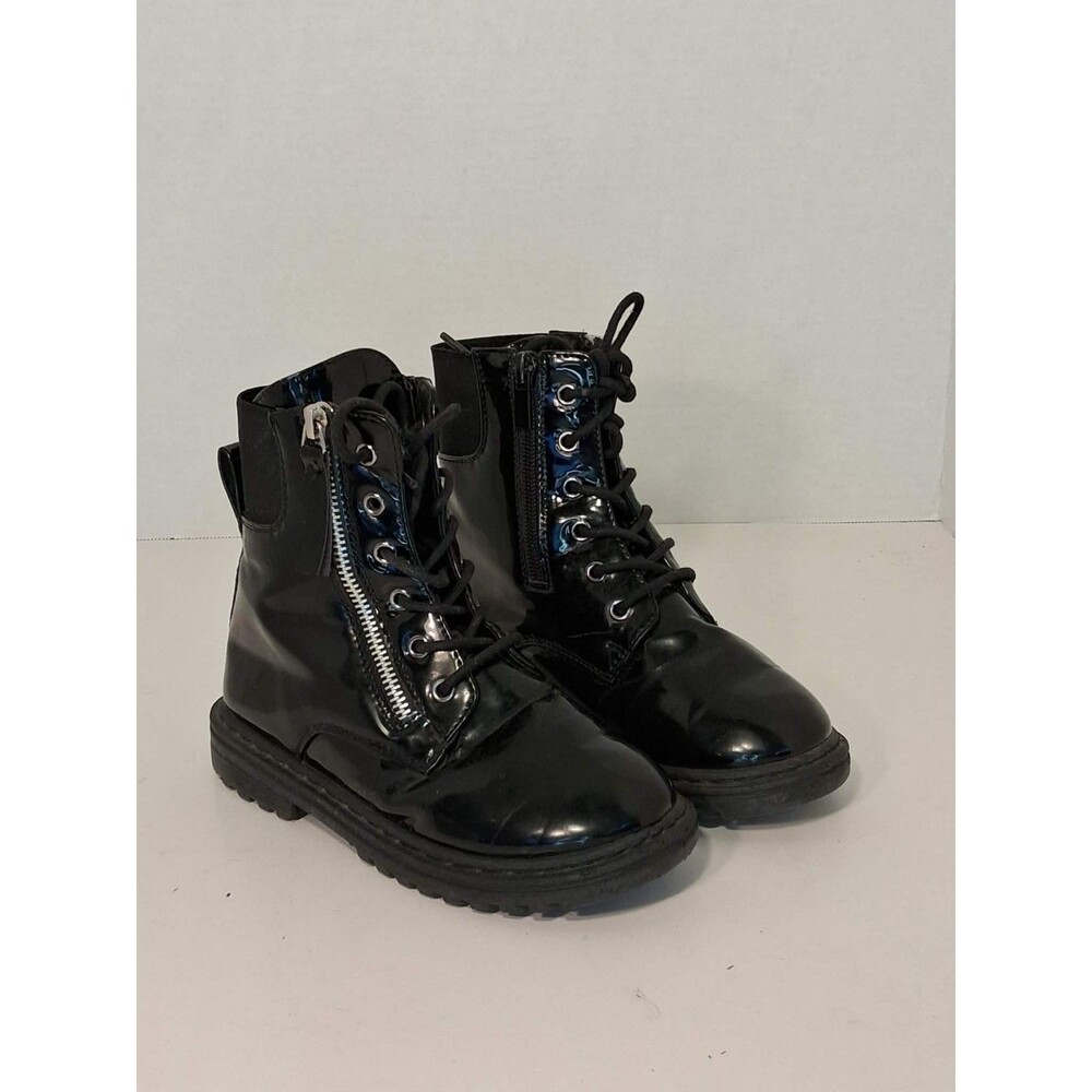 Link Girls Ankle Boots Size 1 Black Patent Faux Leather Lace Up Double Zip